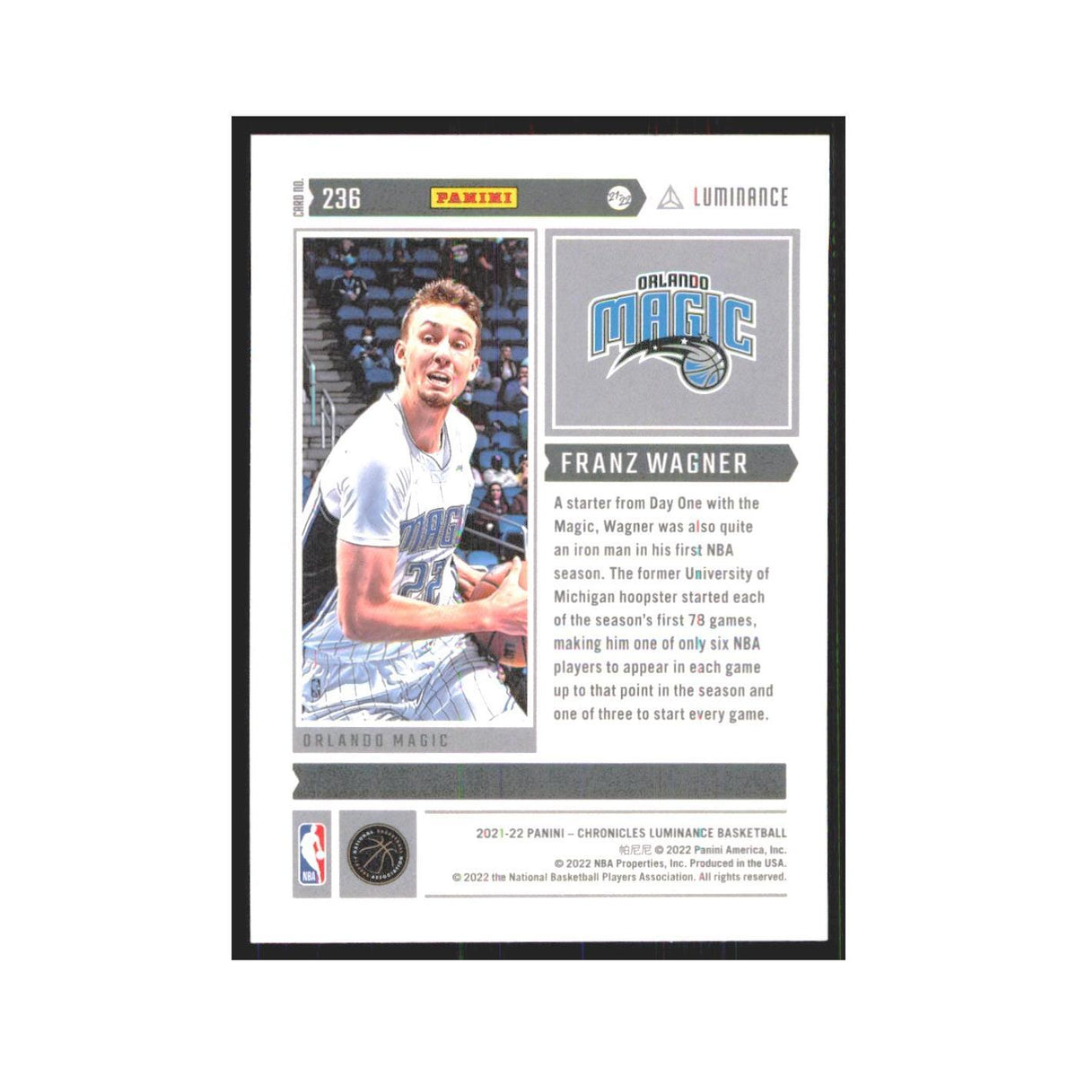 2021 Panini Chronicles Luminance Franz Wagner RC Magic #236