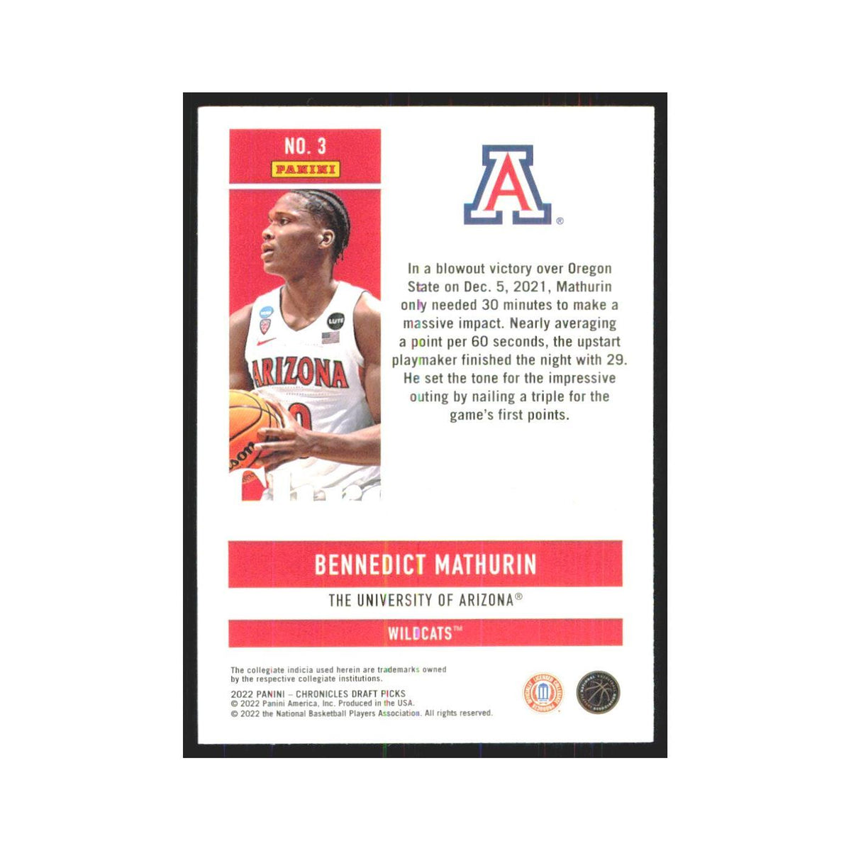 2022 Panini Chronicles Draft Bennedict Mathurin RC Arizona Wildcats #3