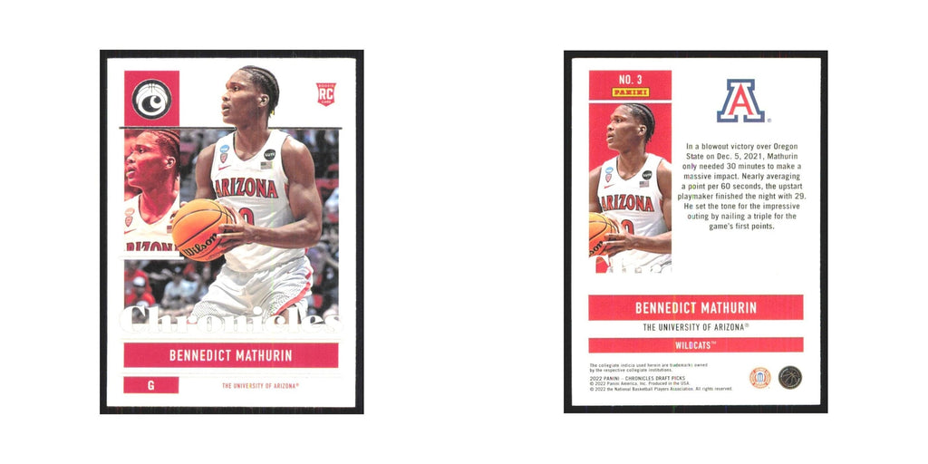 2022 Panini Chronicles Draft Bennedict Mathurin RC Arizona Wildcats #3
