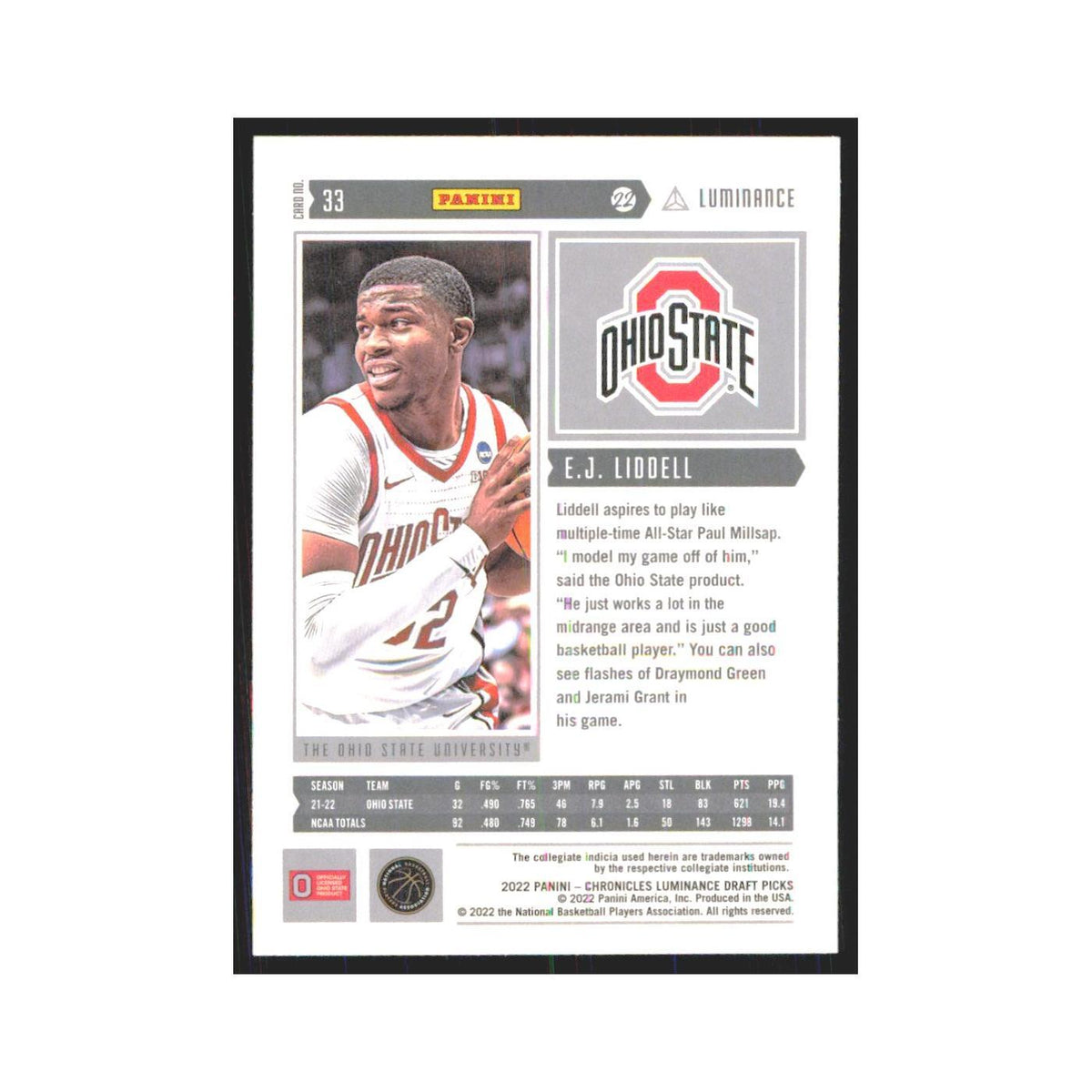 2022 Panini Chronicles Luminace Draft E.J. Liddell RC Ohio State Buckeyes #33