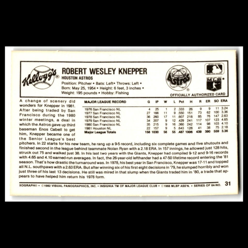 Bob Knepper #31 1982 Kelloggs Houston Astros Baseball Card MLB NM