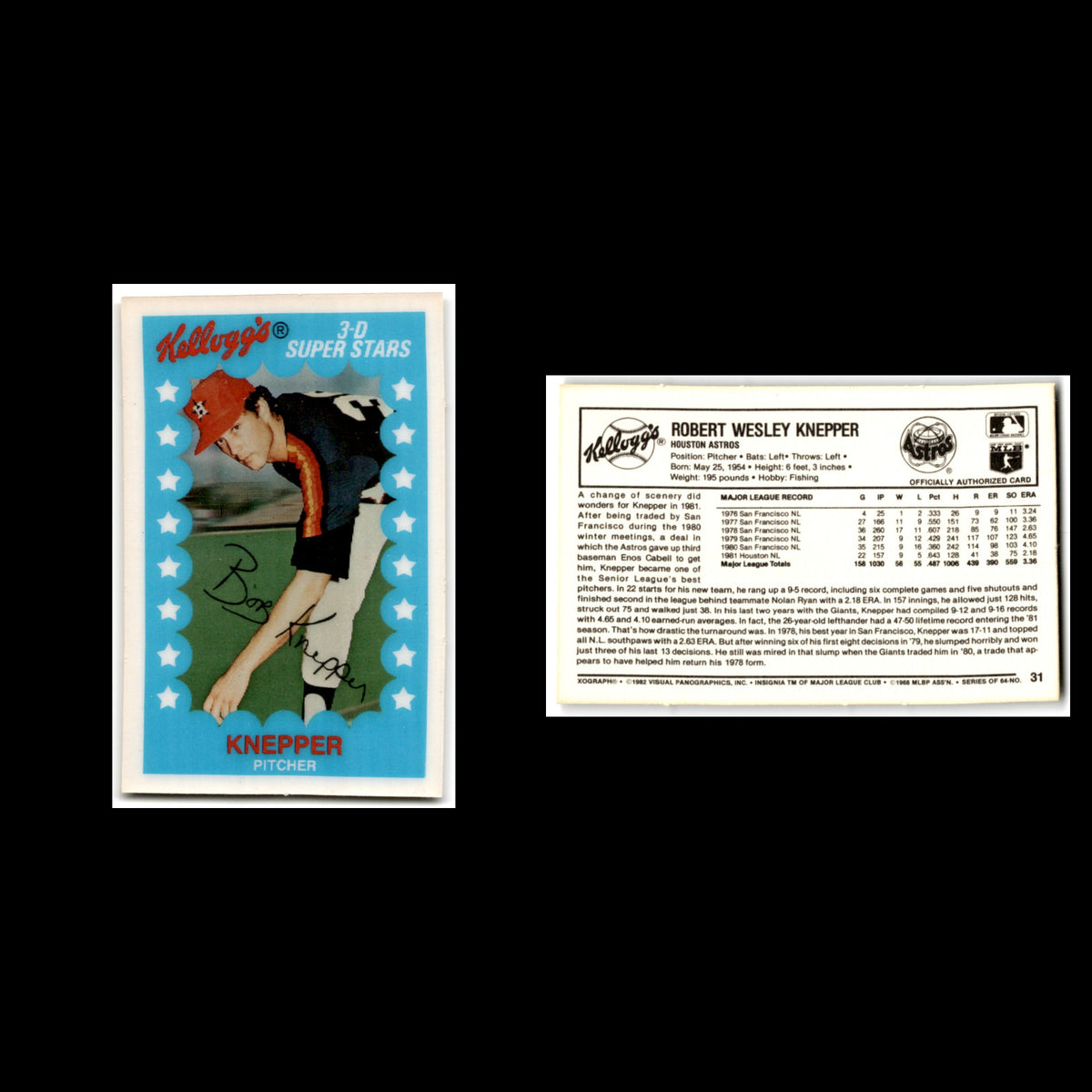 Bob Knepper #31 1982 Kelloggs Houston Astros Baseball Card MLB NM