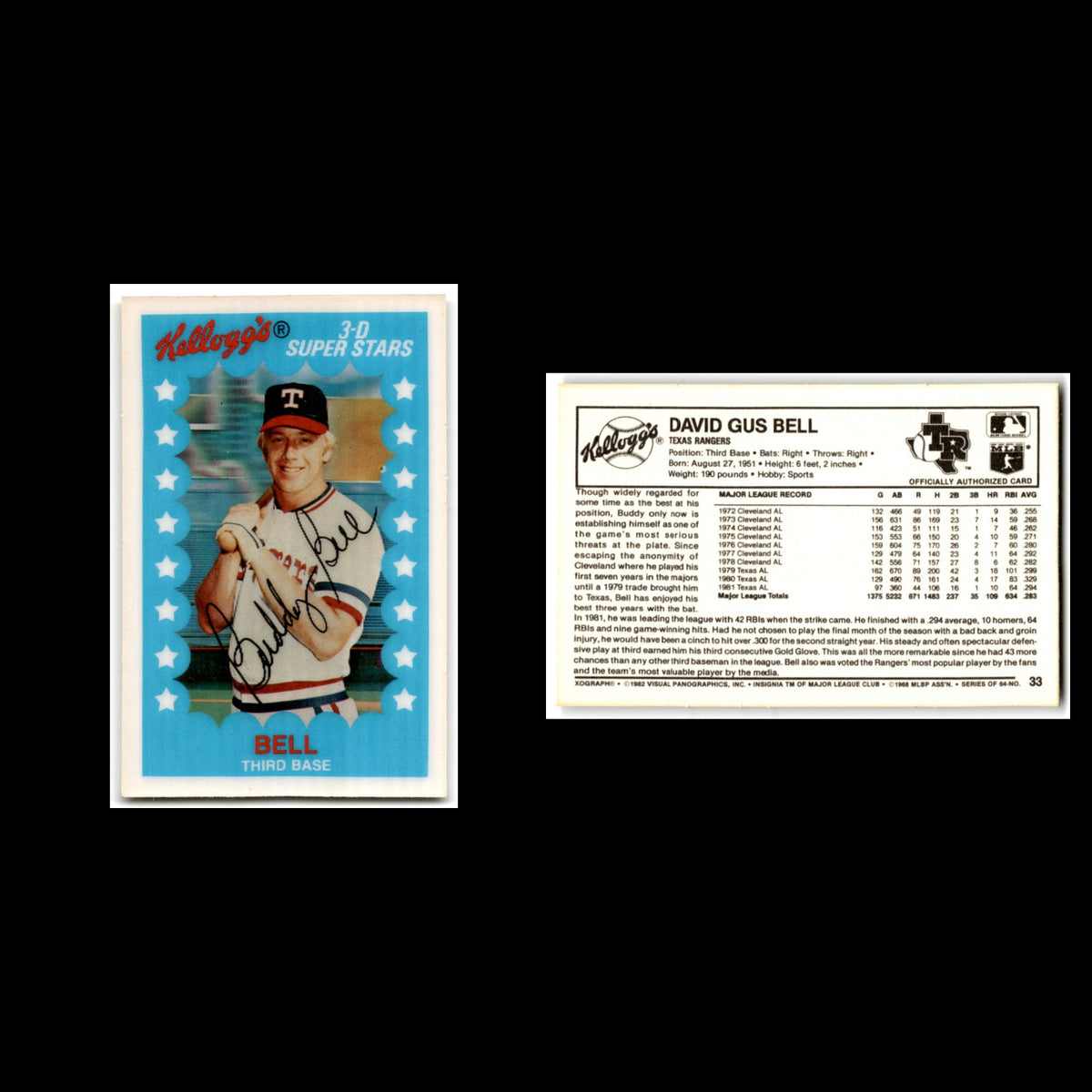 David Bell #33 1982 Kelloggs Texas Rangers Baseball Card MLB NM