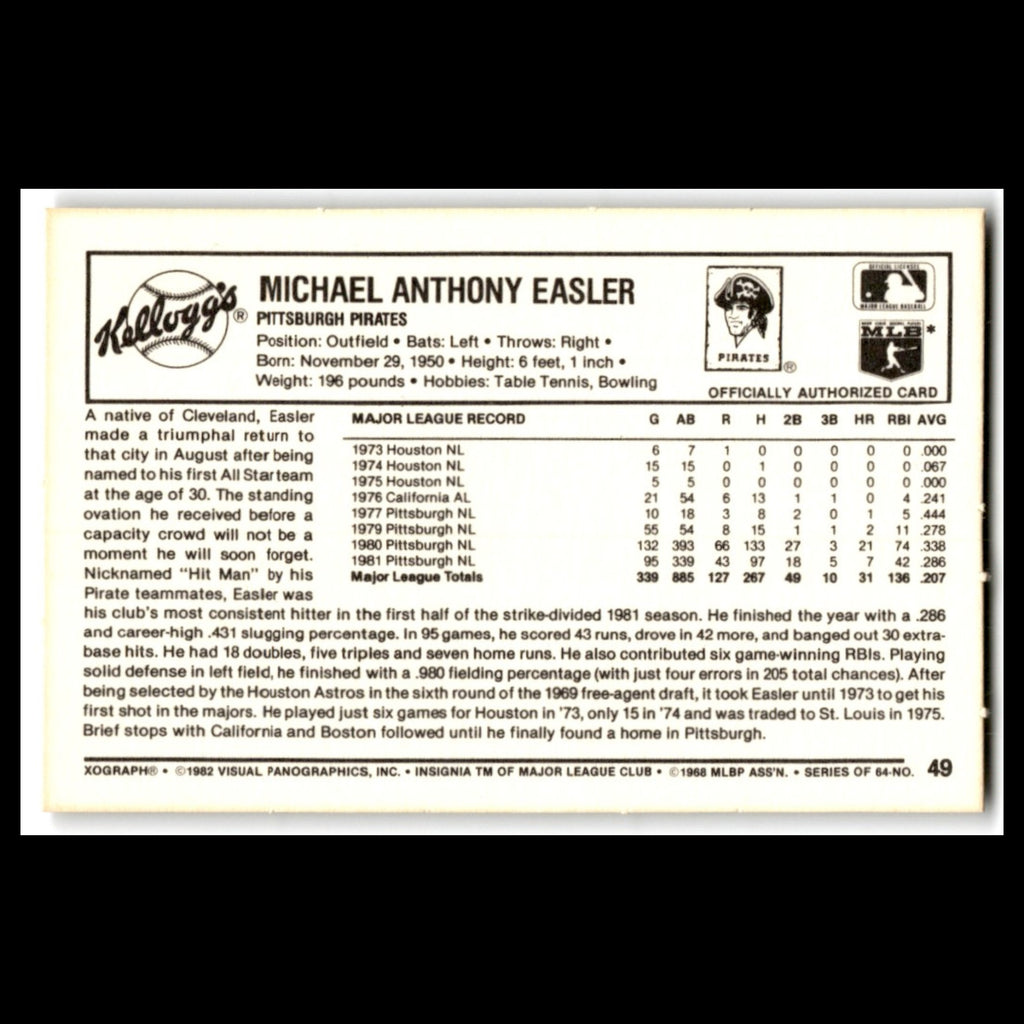 Mike Easler #49 1982 Kelloggs Pittsburgh Pirates Baseball Card MLB NM