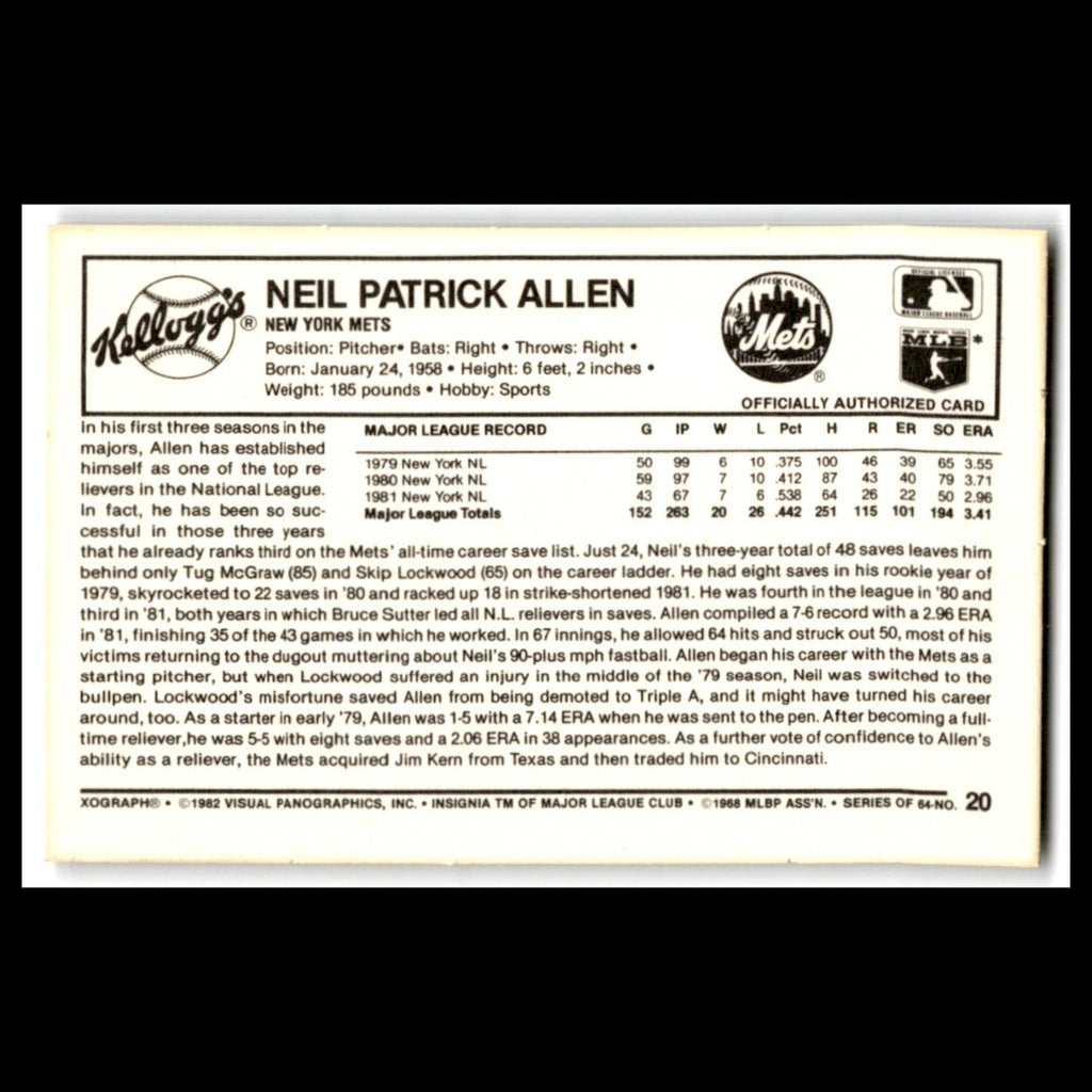 Neil Allen #2 1982 Kelloggs New York Mets Baseball Card MLB NM