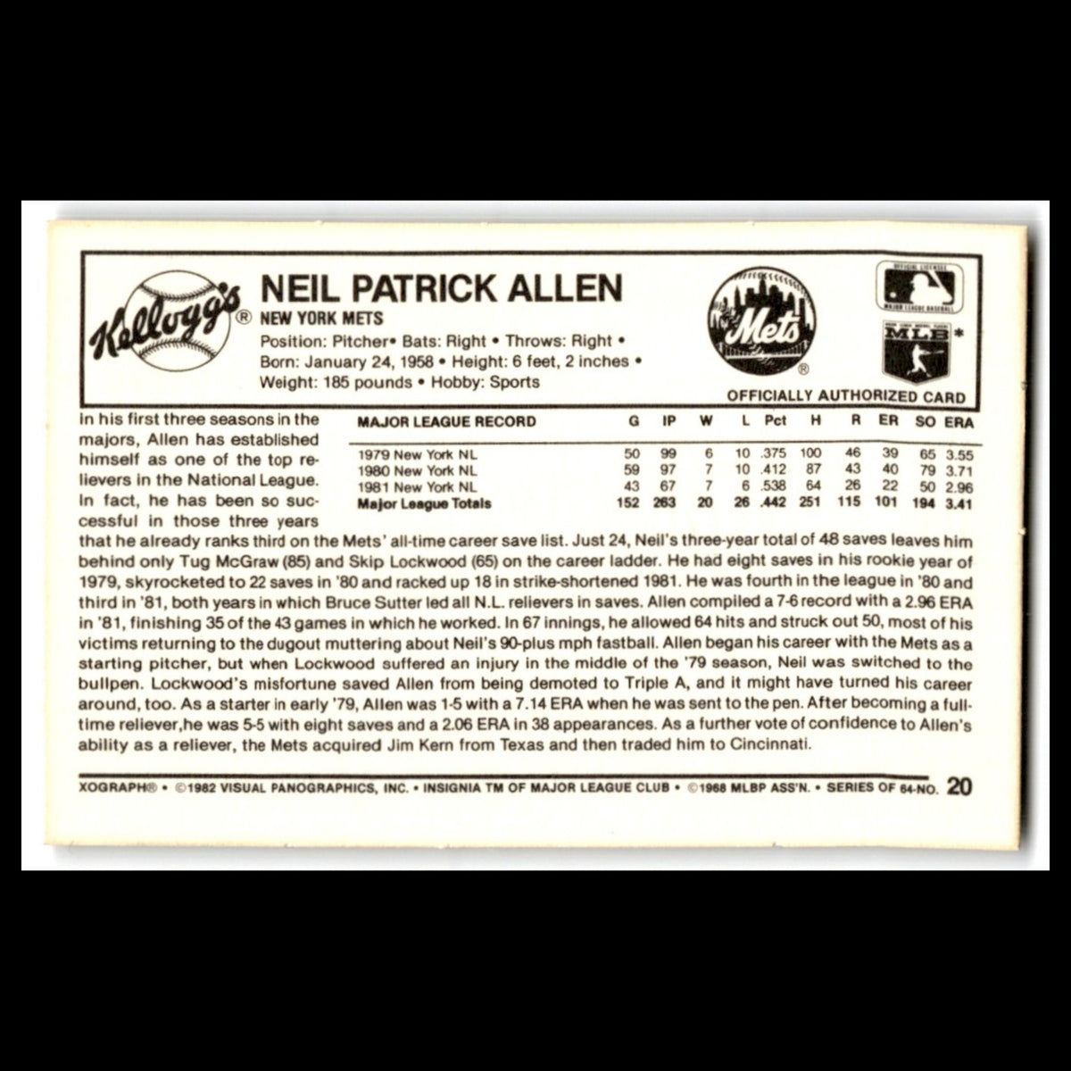 Neil Allen #2 1982 Kelloggs New York Mets Baseball Card MLB NM