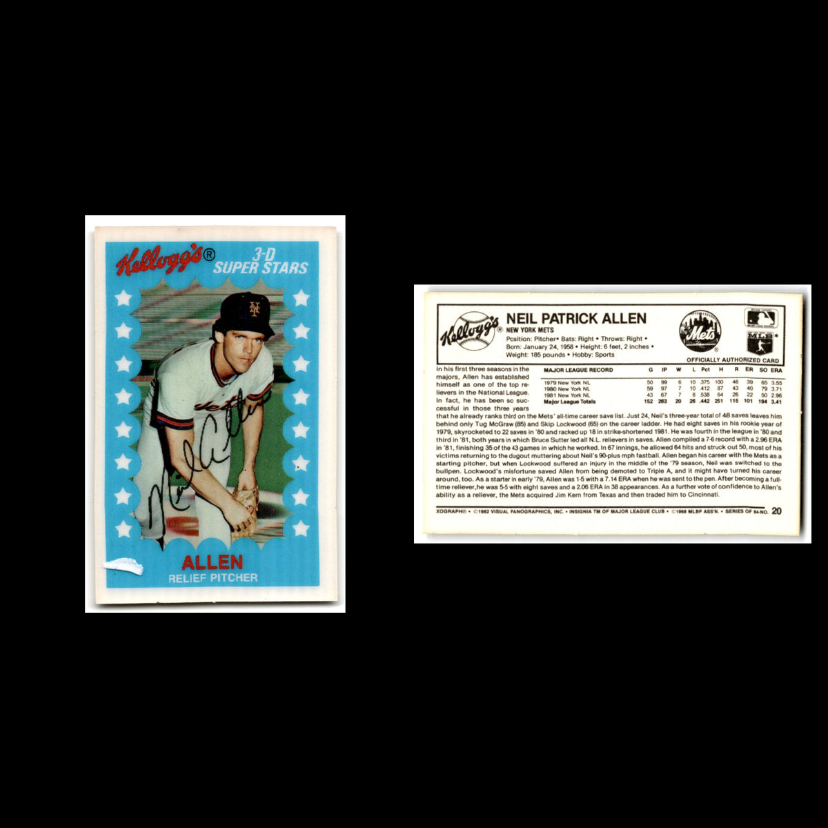 Neil Allen #2 1982 Kelloggs New York Mets Baseball Card MLB NM
