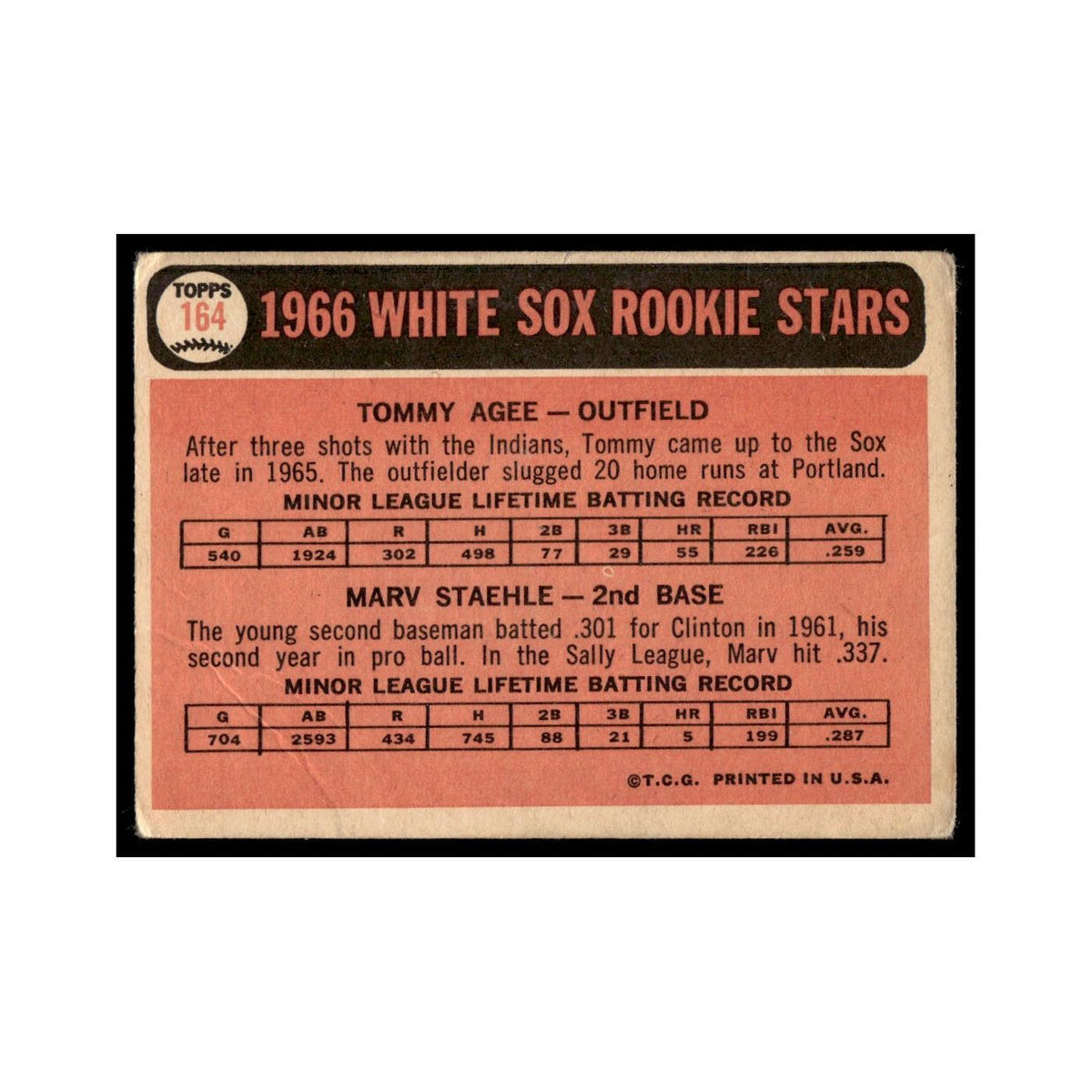 1966 Topps Baseball Card (Damaged) Tommie Agee/Marv Staehle RC White Sox #164