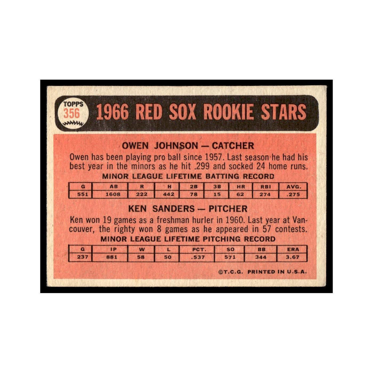 1966 Topps Baseball Card Owen Johnson/Ken Sanders RC Red Sox #356