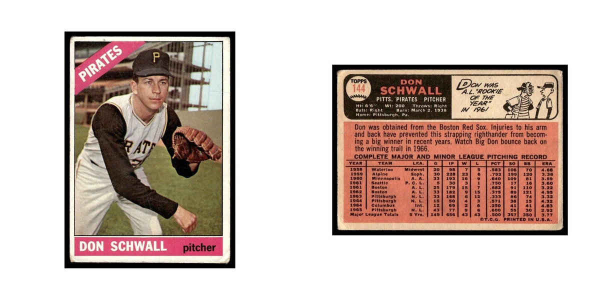 1966 Topps Baseball Card (Damaged) Don Schwall Pirates #144