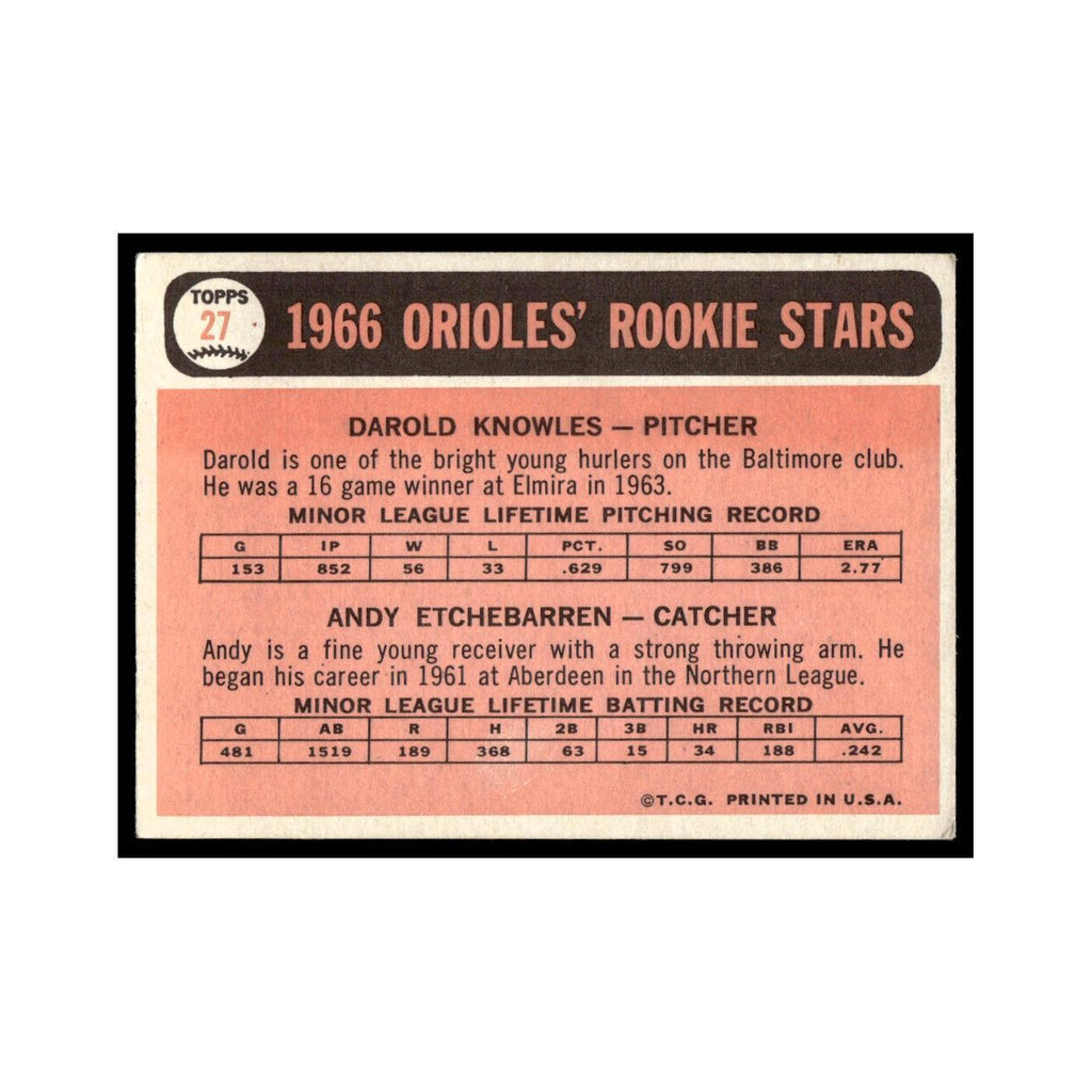 1966 Topps Baseball Card Darold Knowles/Andy Etchebarren RC Orioles #27