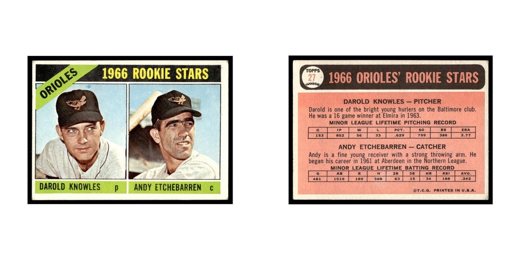 1966 Topps Baseball Card Darold Knowles/Andy Etchebarren RC Orioles #27