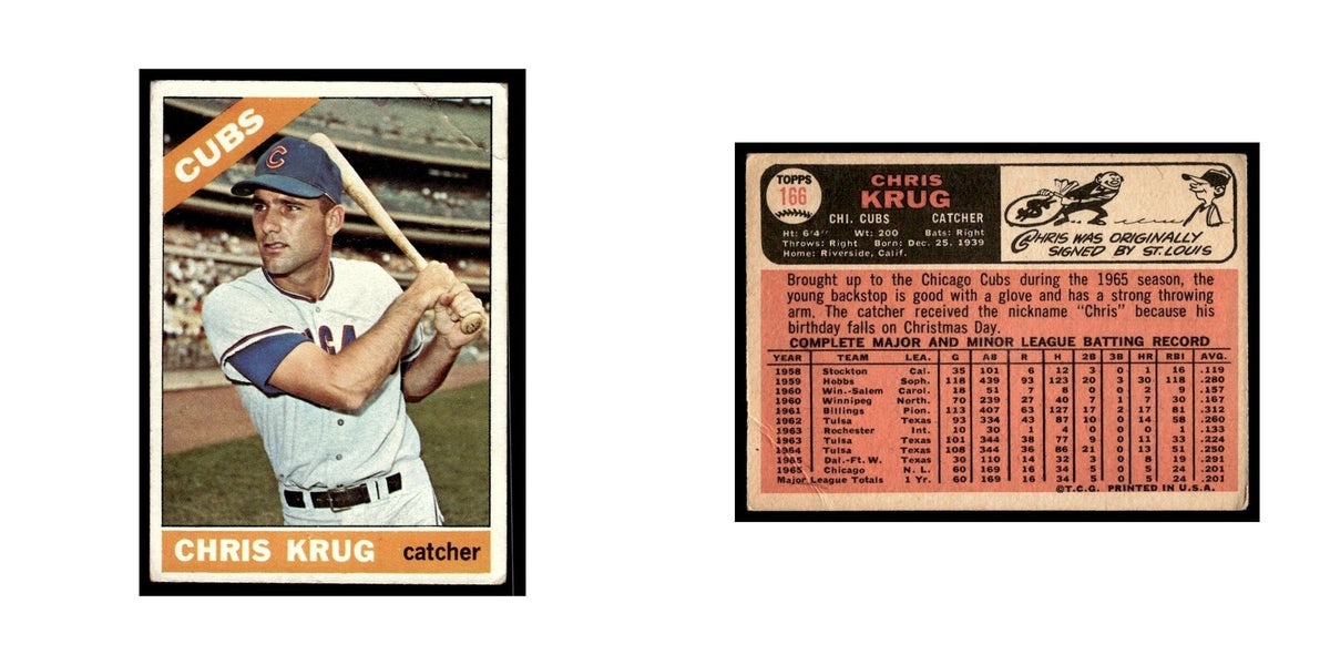 1966 Topps Baseball Card (Damaged) Chris Krug RC Cubs #166