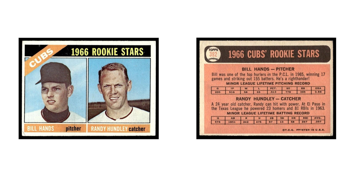 1966 Topps Baseball Card Bill Hands/Randy Hundley RC Cubs #392