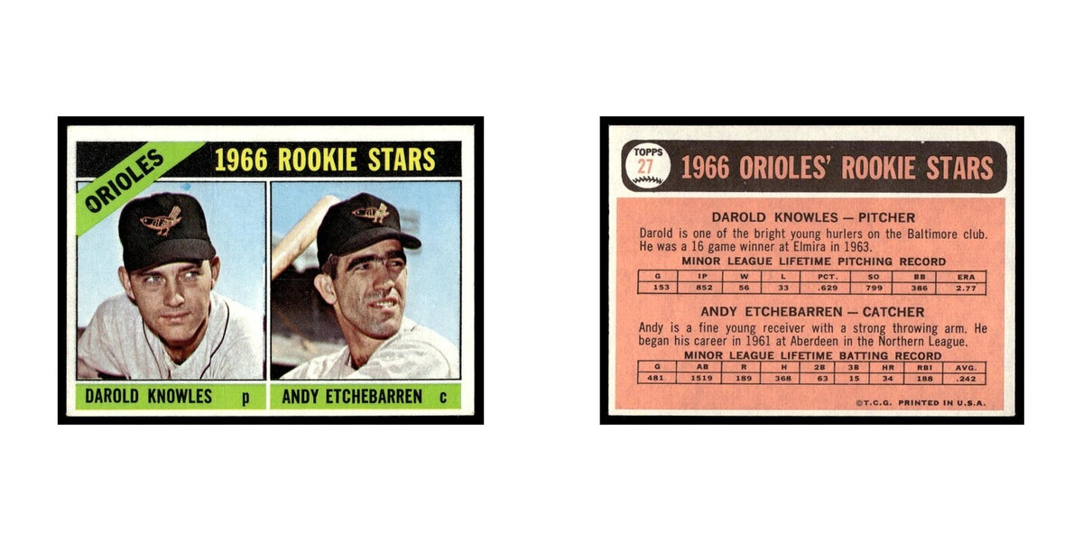 1966 Topps Baseball Card (Damaged) Darold Knowles/Andy Etchebarren RC Orioles