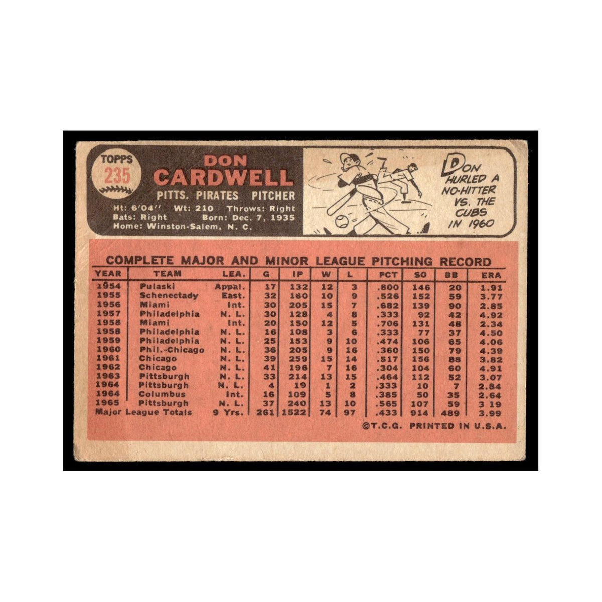 1966 Topps Baseball Card (Damaged) Don Cardwell Pirates #235