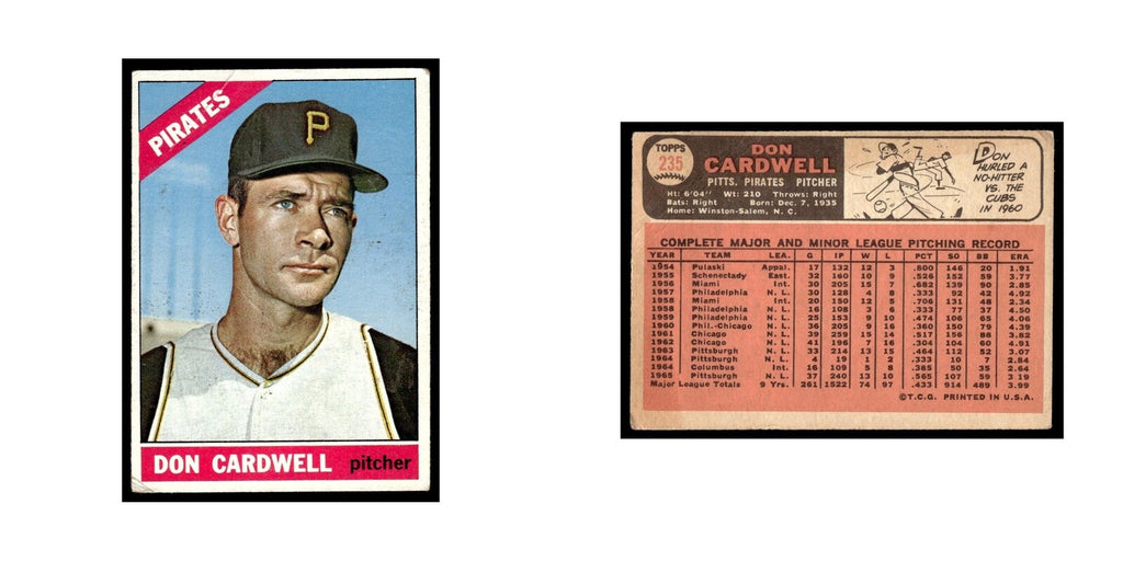 1966 Topps Baseball Card (Damaged) Don Cardwell Pirates #235