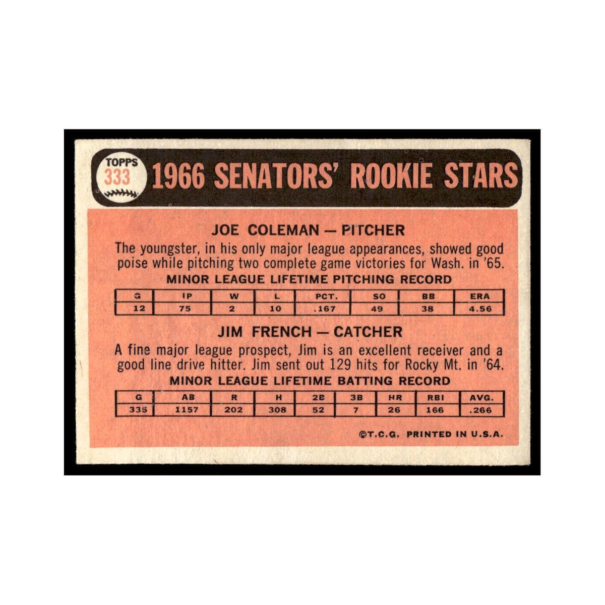 1966 Topps Baseball Card Joe Coleman/Jim French RC Washington Senators #333