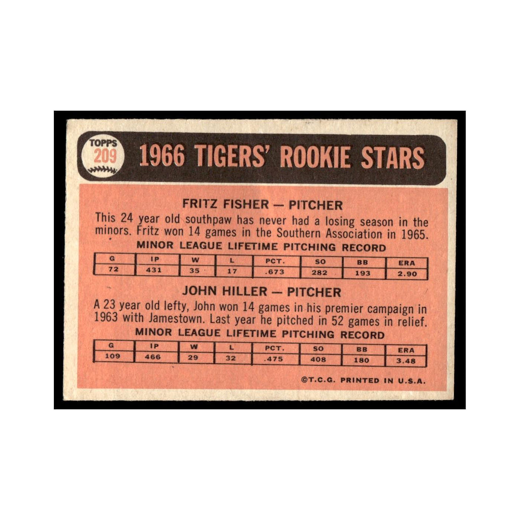 1966 Topps Baseball Card Fritz Fisher/John Hiller RC Tigers #209