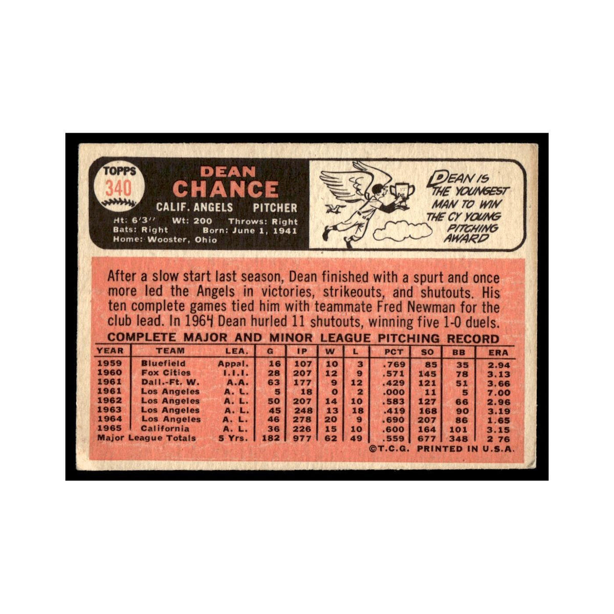 1966 Topps Baseball Card (Damaged) Dean Chance Angels #340