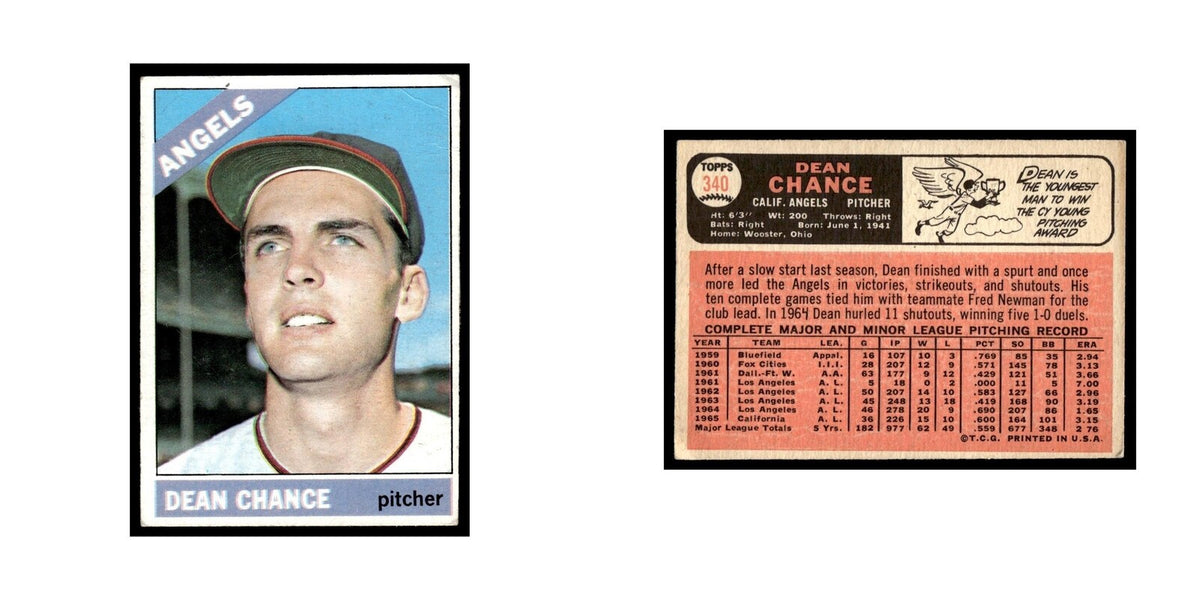 1966 Topps Baseball Card (Damaged) Dean Chance Angels #340