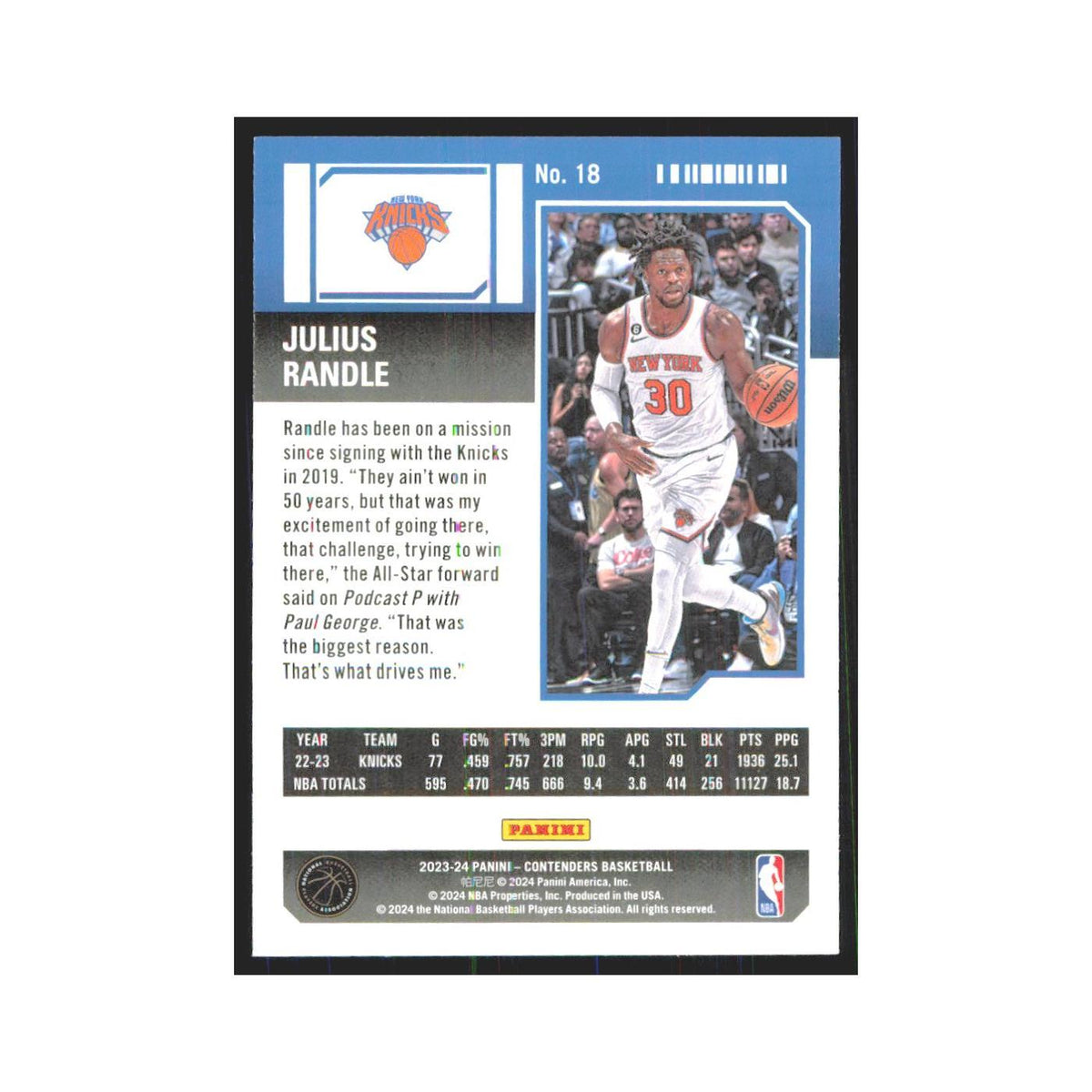 2023 Panini Contenders Julius Randle Knicks #18