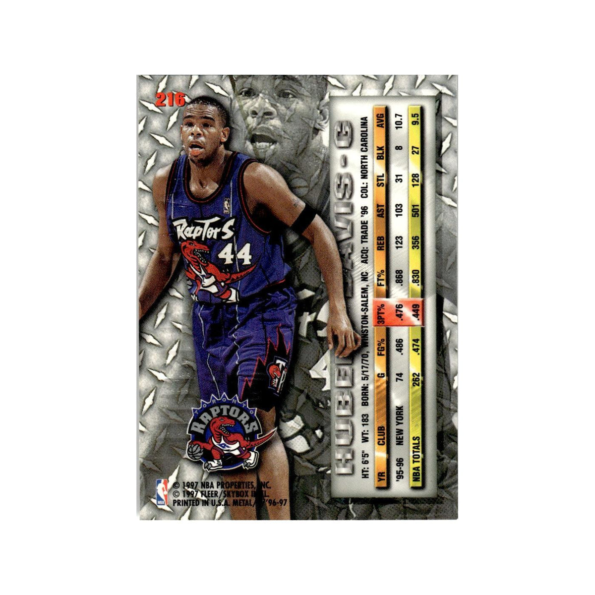 Hubert Davis 1996 Fleer Metal #216 Toronto Raptors Basketball Card NM