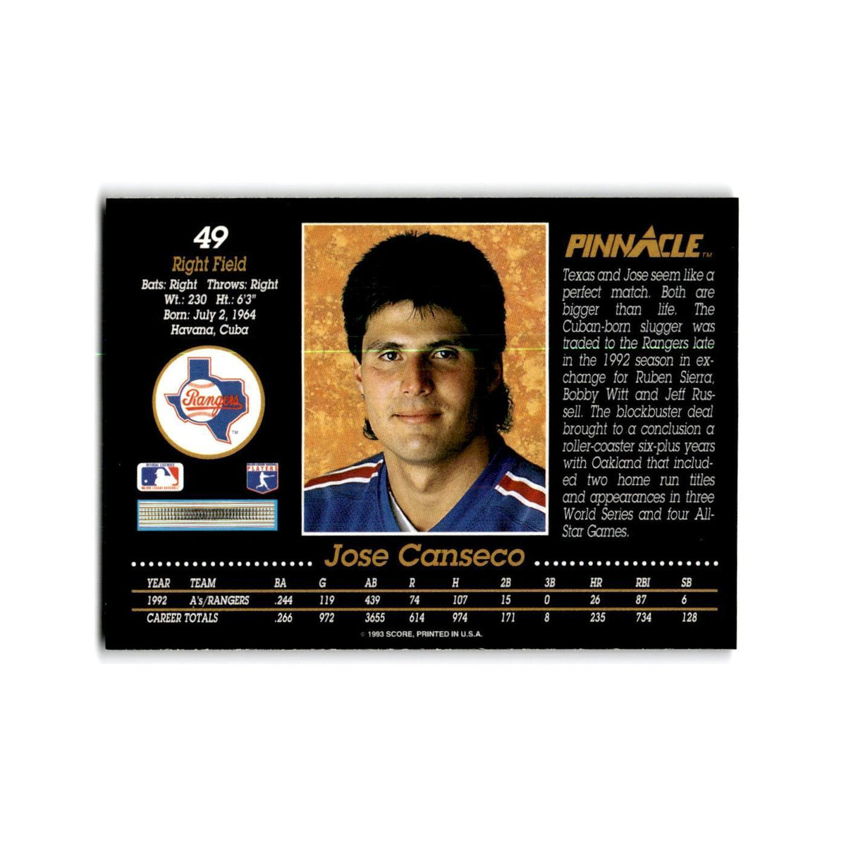 Jose Canseco 1993 Pinnacle #49 Texas Rangers Baseball Card NM