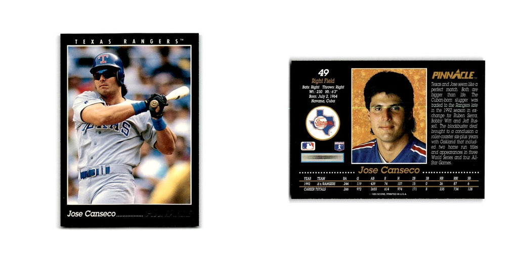 Jose Canseco 1993 Pinnacle #49 Texas Rangers Baseball Card NM
