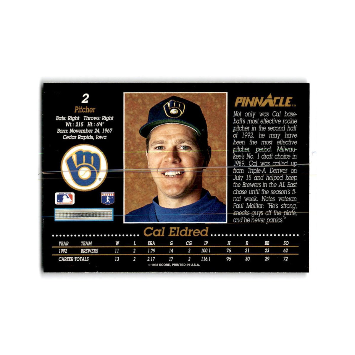 Cal Eldred 1993 Pinnacle #2 Milwaukee Brewers Baseball Card NM