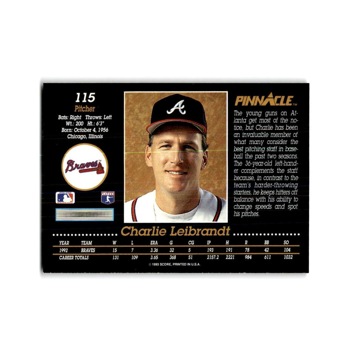 Charlie Leibrandt 1993 Pinnacle #115 Atlanta Braves Baseball Card NM