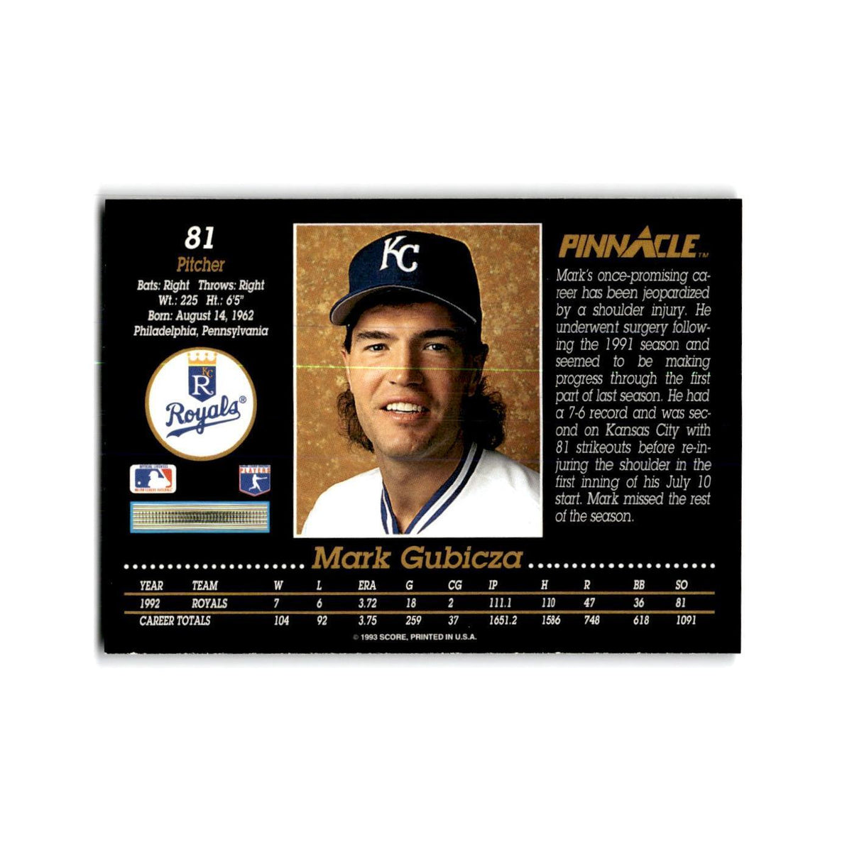 Mark Gubicza 1993 Pinnacle #81 Kansas City Royals Baseball Card NM