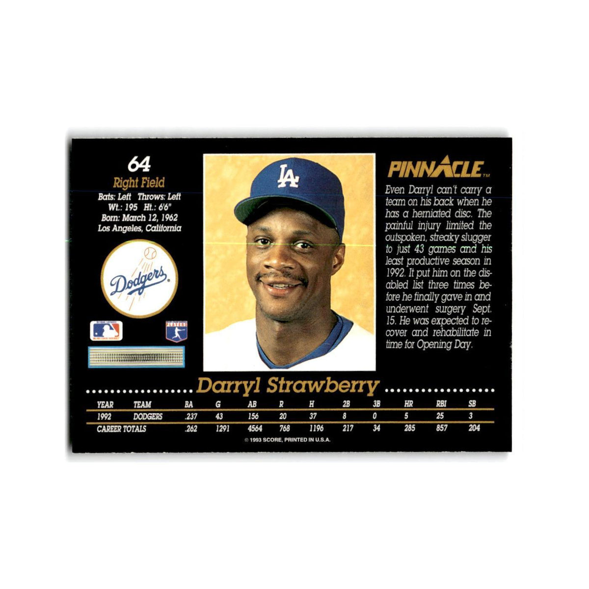 Darryl Strawberry 1993 Pinnacle #64 Los Angeles Dodgers Baseball Card NM