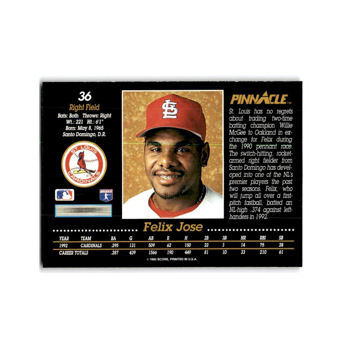 Felix Jose 1993 Pinnacle #36 St. Louis Cardinals Baseball Card NM