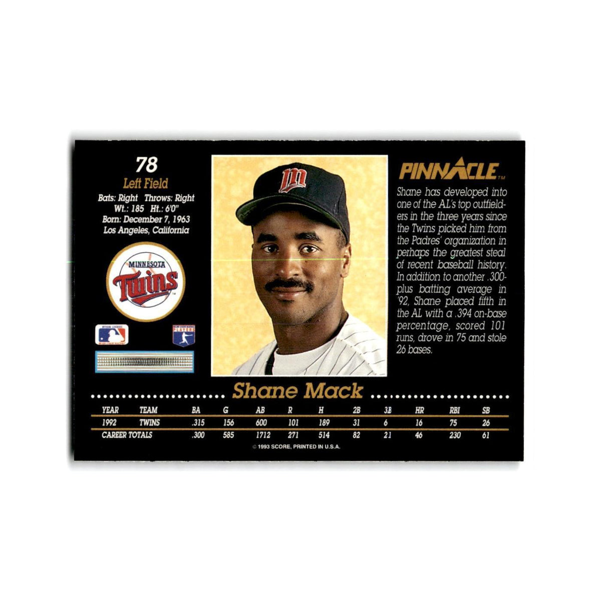 Shane Mack 1993 Pinnacle #78 Minnesota Twins Baseball Card NM