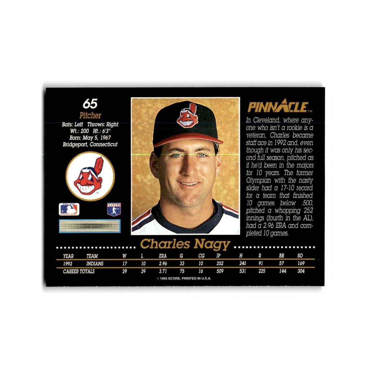 Charles Nagy 1993 Pinnacle #65 Cleveland Indians Baseball Card NM