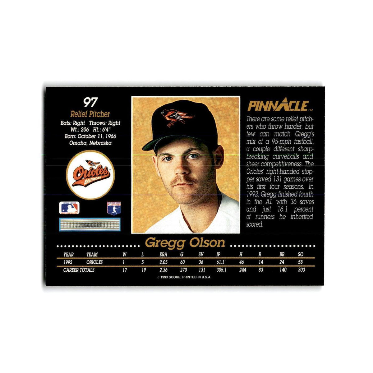 Gregg Olson 1993 Pinnacle #97 Baltimore Orioles Baseball Card NM