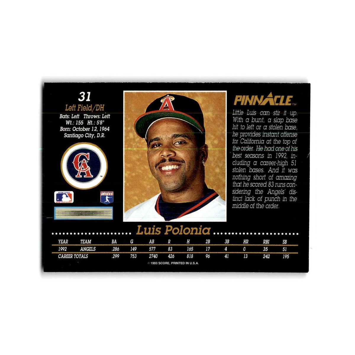 Luis Polonia 1993 Pinnacle #31 California Angels Baseball Card NM