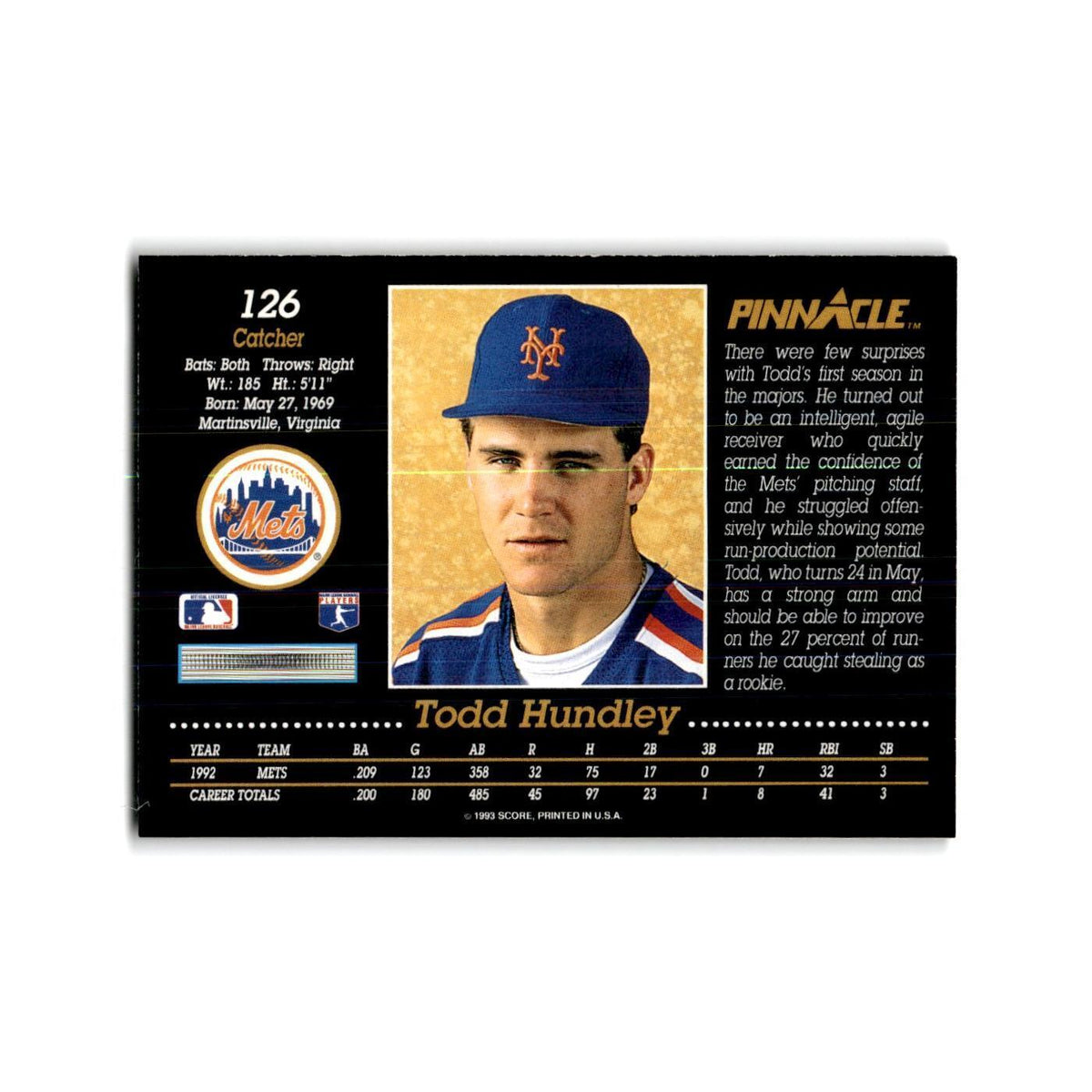 Todd Hundley 1993 Pinnacle #126 New York Mets Baseball Card NM