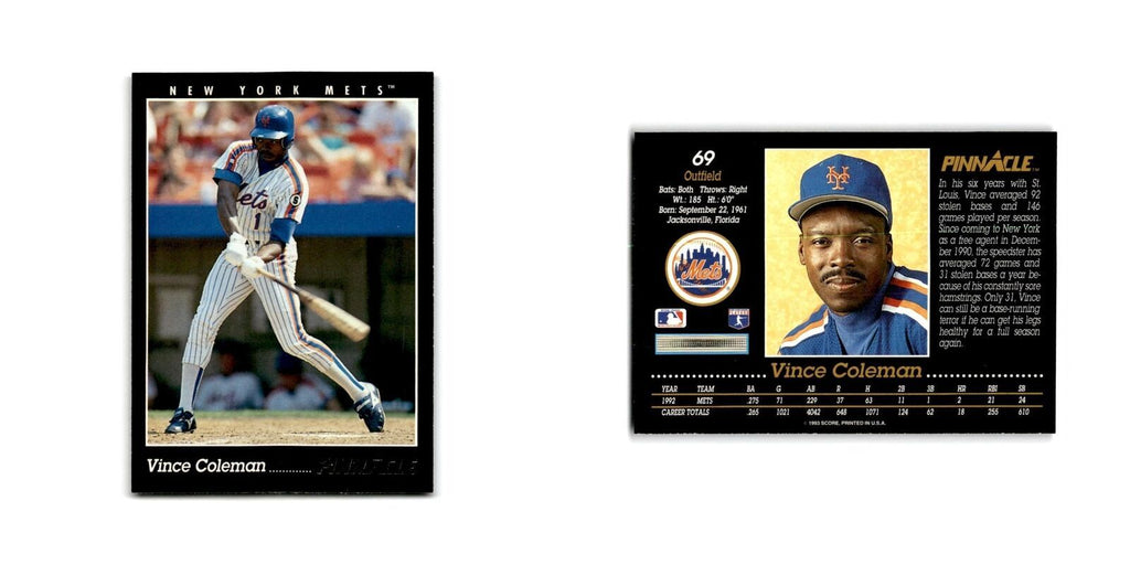 Vince Coleman 1993 Pinnacle #69 New York Mets Baseball Card NM