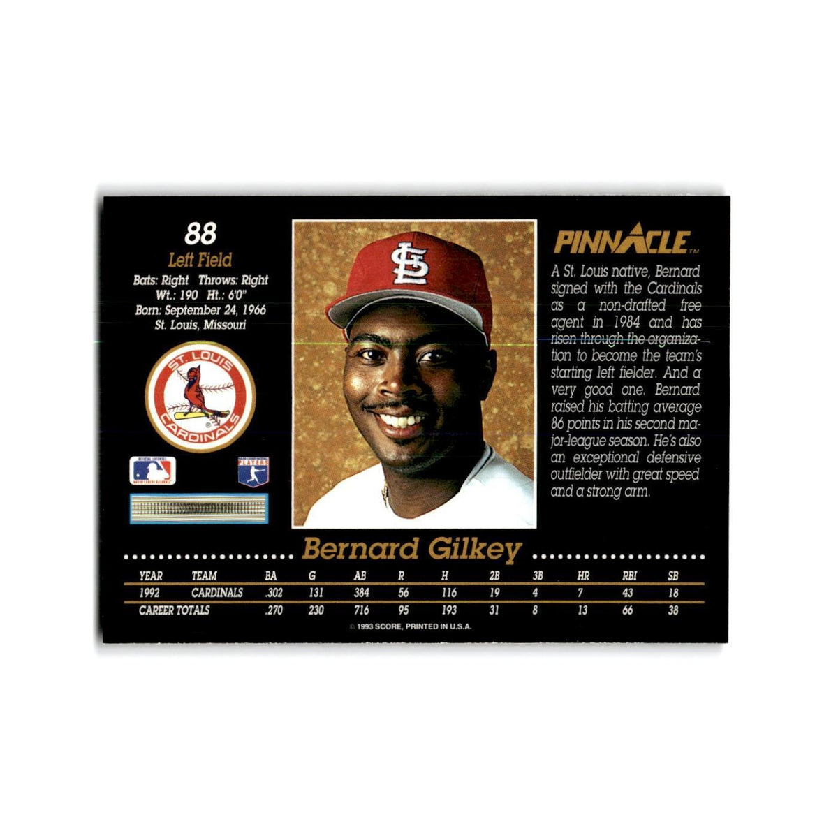 Bernard Gilkey 1993 Pinnacle #88 St. Louis Cardinals Baseball Card NM