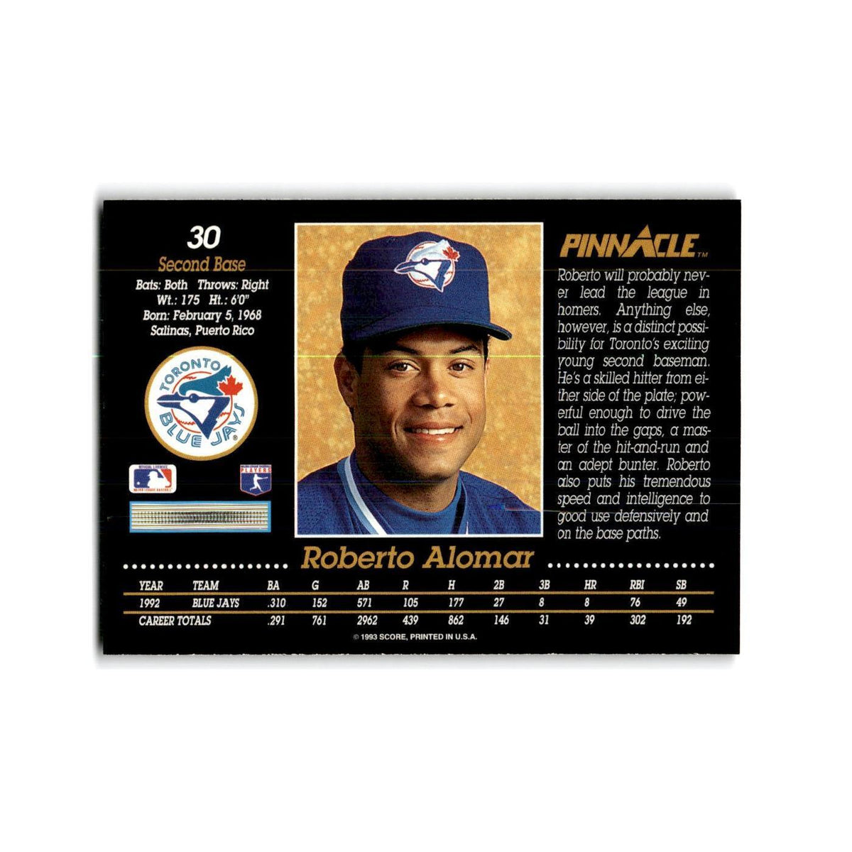 Roberto Alomar 1993 Pinnacle #30 Toronto Blue Jays Baseball Card NM