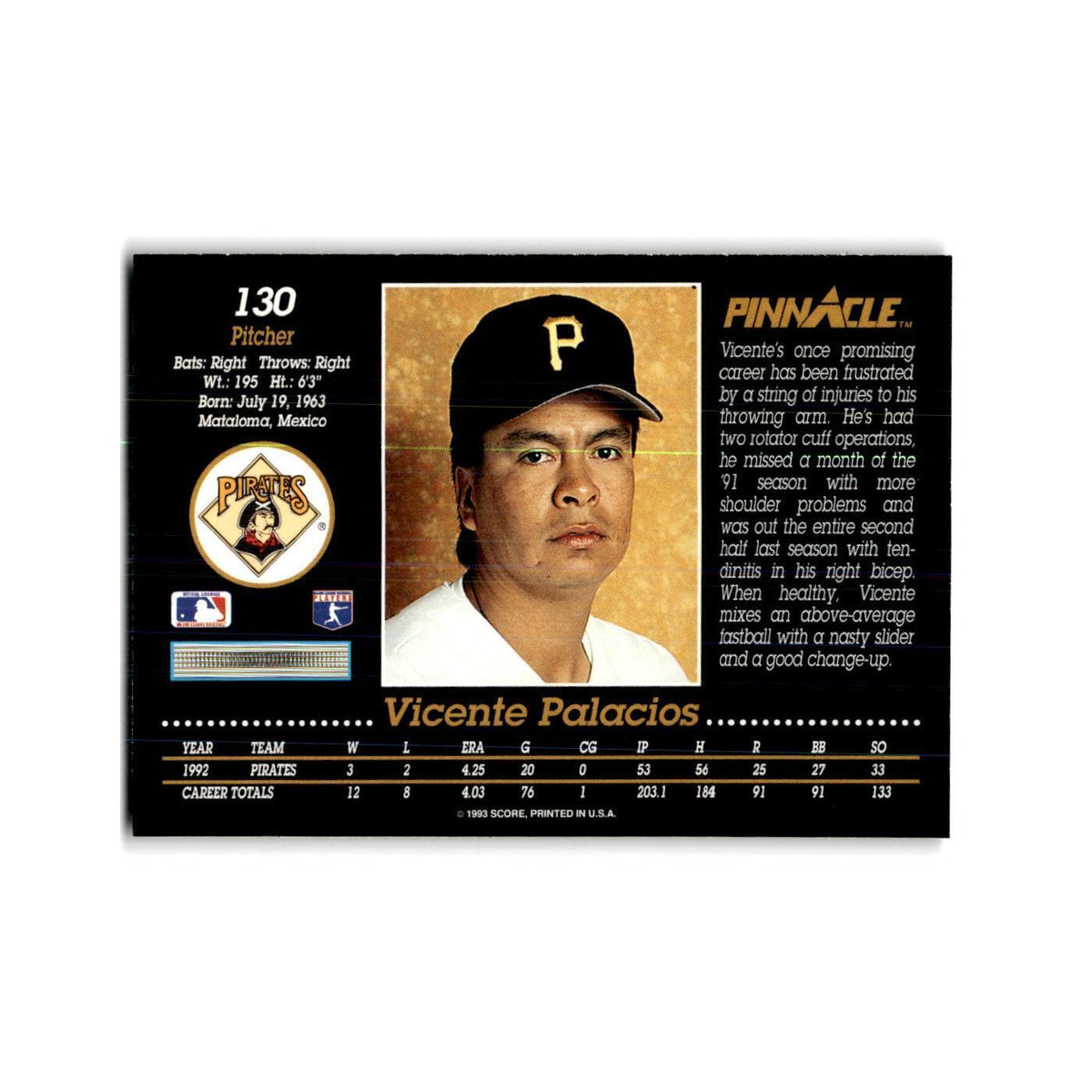 Vicente Palacios 1993 Pinnacle #130 Pittsburgh Pirates Baseball Card NM
