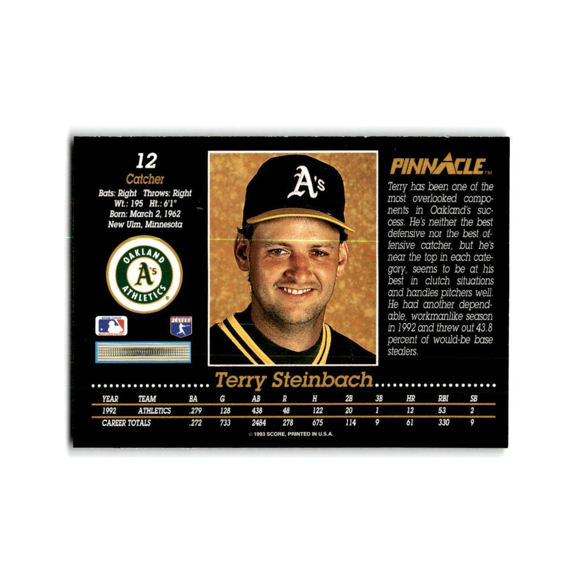 Terry Steinbach 1993 Pinnacle #12 Oakland Athletics Baseball Card NM
