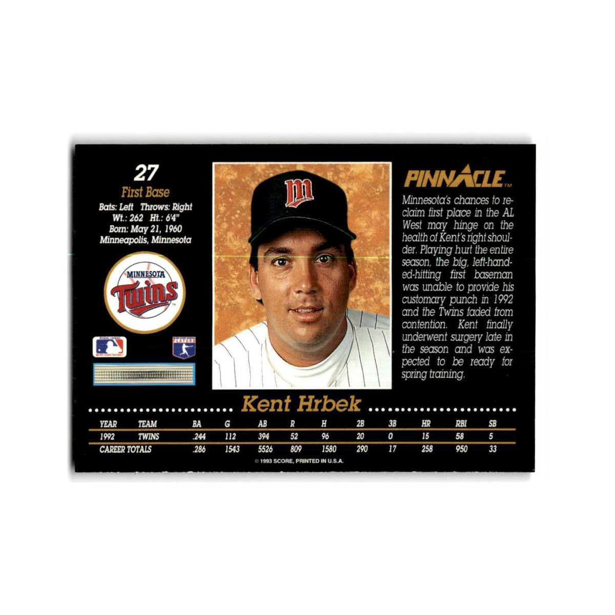 Kent Hrbek 1993 Pinnacle #27 Minnesota Twins Baseball Card NM