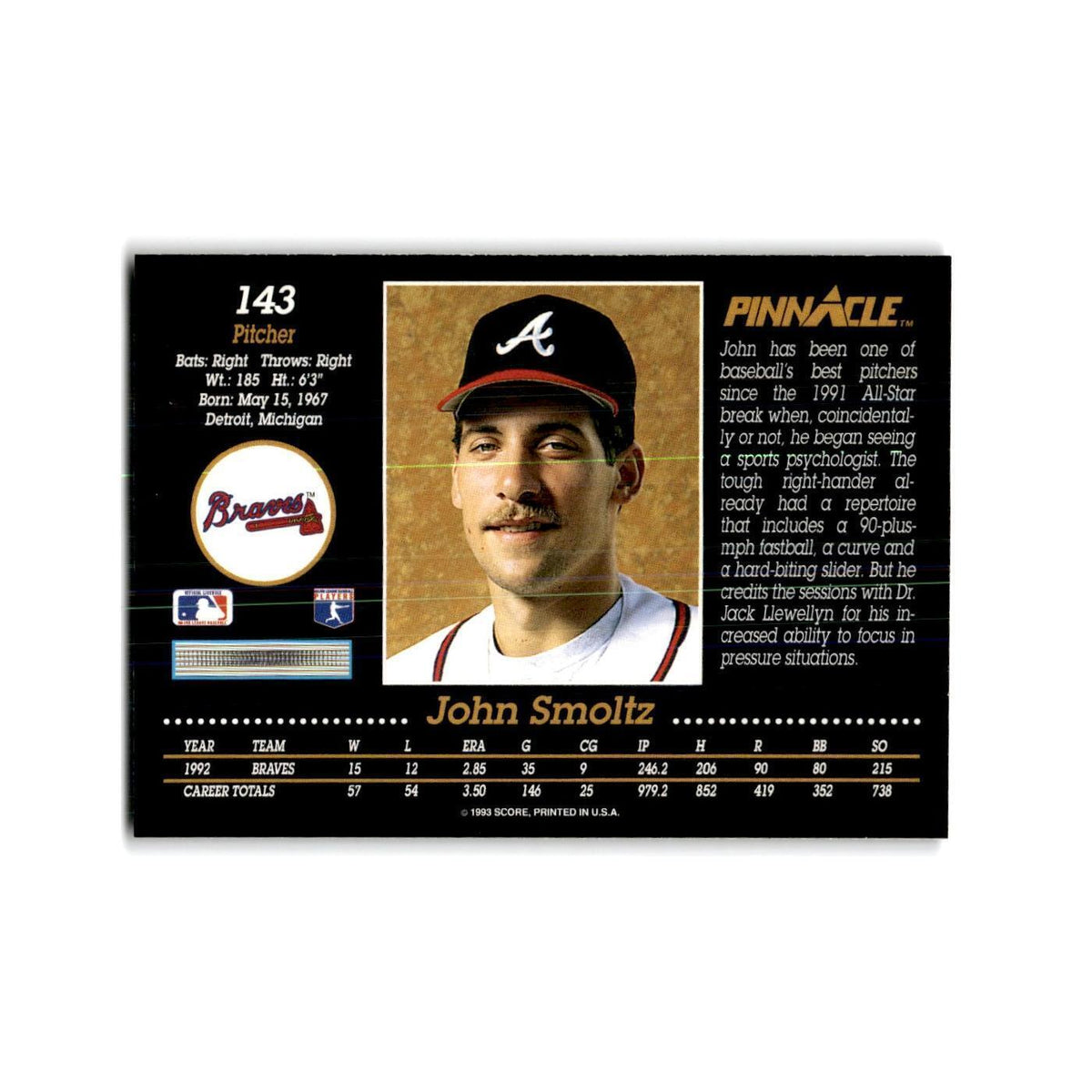 John Smoltz 1993 Pinnacle #143 Atlanta Braves Baseball Card NM