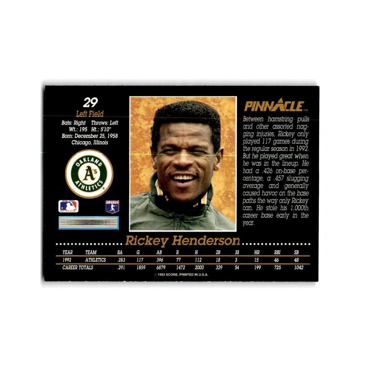 Rickey Henderson 1993 Pinnacle #29 Oakland Athletics Baseball Card NM