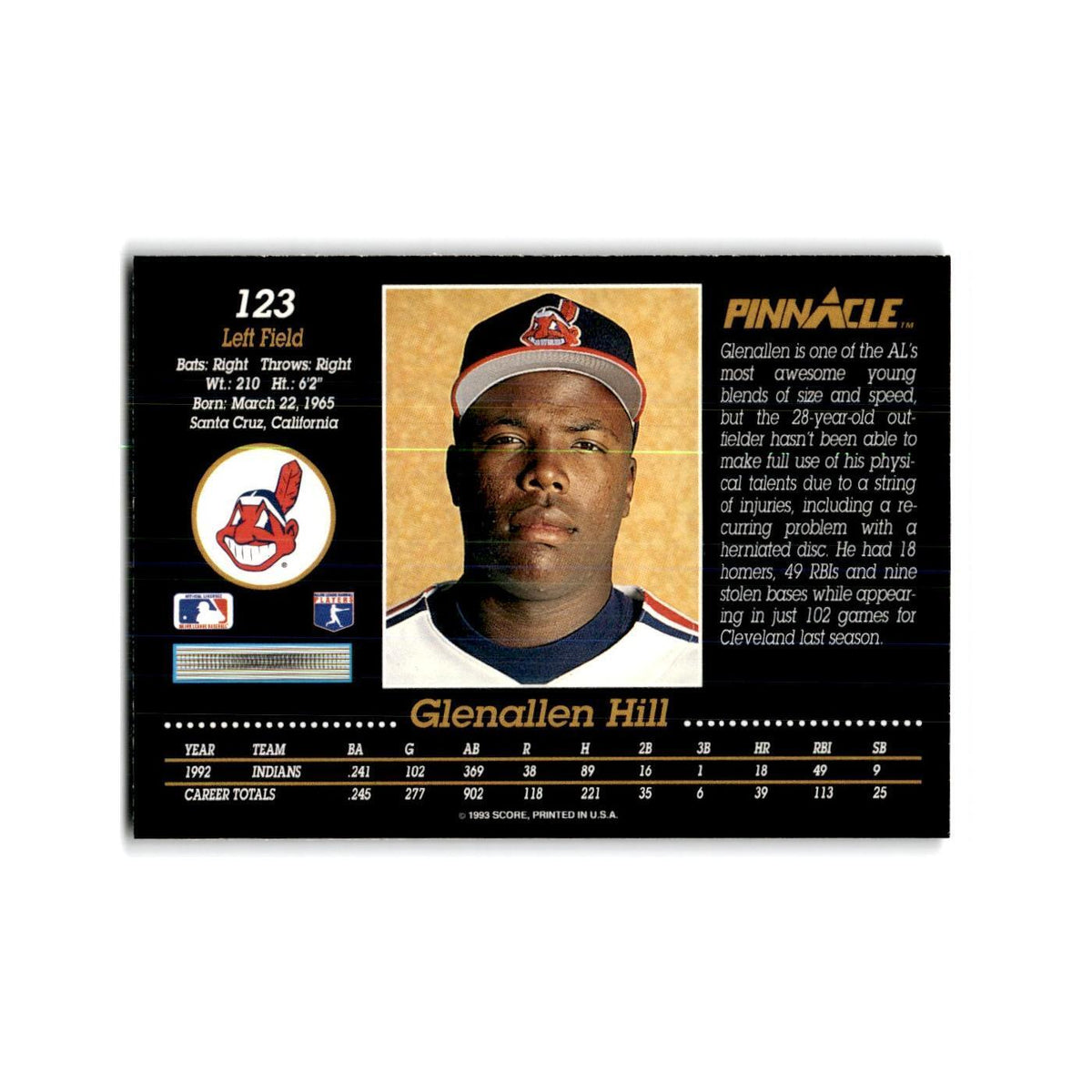Glenallen Hill 1993 Pinnacle #123 Cleveland Indians Baseball Card NM