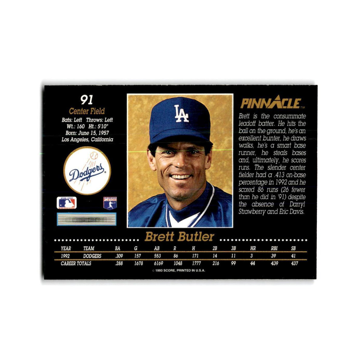 Brett Butler 1993 Pinnacle #91 Los Angeles Dodgers Baseball Card NM