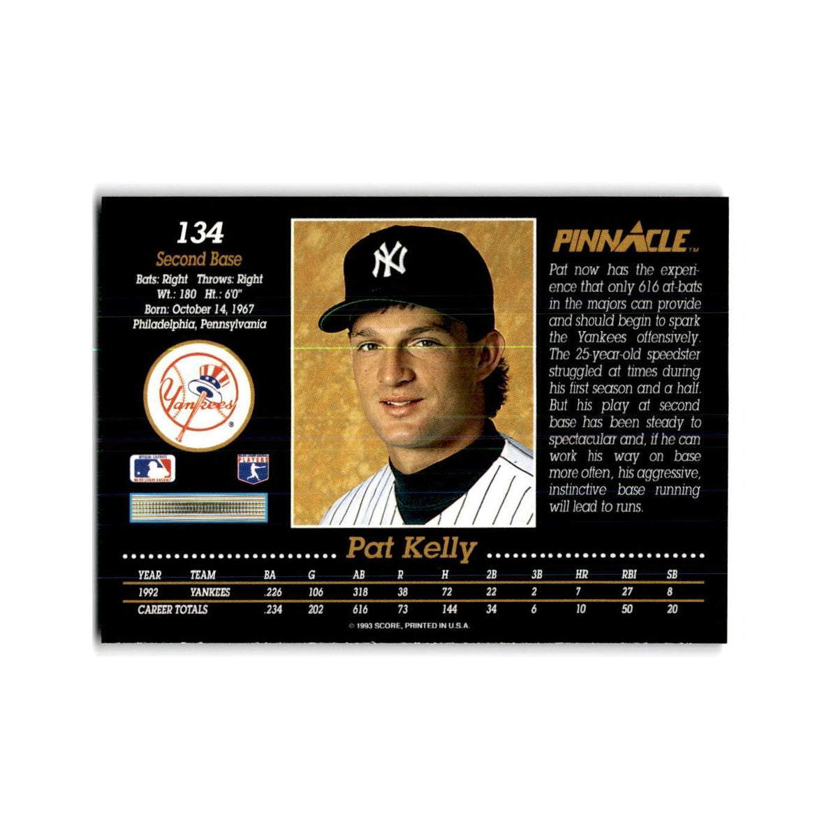 Pat Kelly 1993 Pinnacle #134 New York Yankees Baseball Card NM